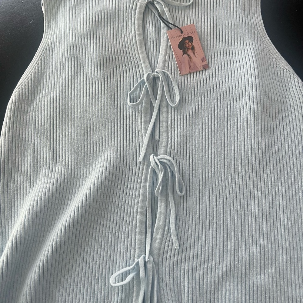 Sincerely Jules Light Blue Ribbed Tie-Front Tank